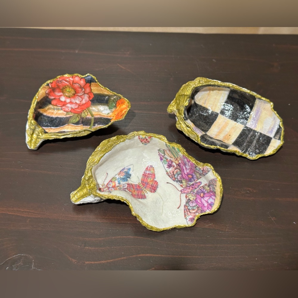 Handmade decoupage catch all shells in Mackenzie Childs patterns.